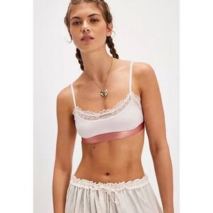 Free People Bralette Womens M Pink White Lace Trim Satin Intimately Boho Chic
